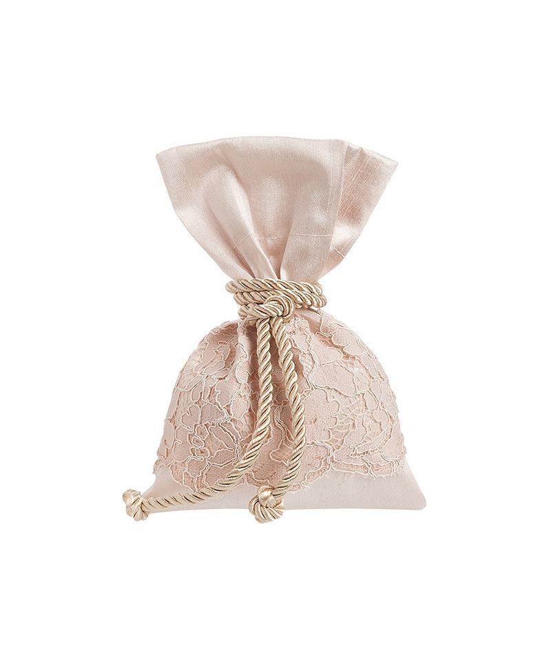 Μπομπονιέρα γάμου Πουγκί από μετάξι σαντούκ με δαντέλα σομόν Πακέτο 40τμχ Π120-07/170